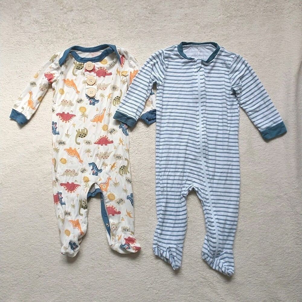 Milkberry One-piece Bodysuit Baby Boy 0-6M Dinosours Striped Bamboo Set Of 2